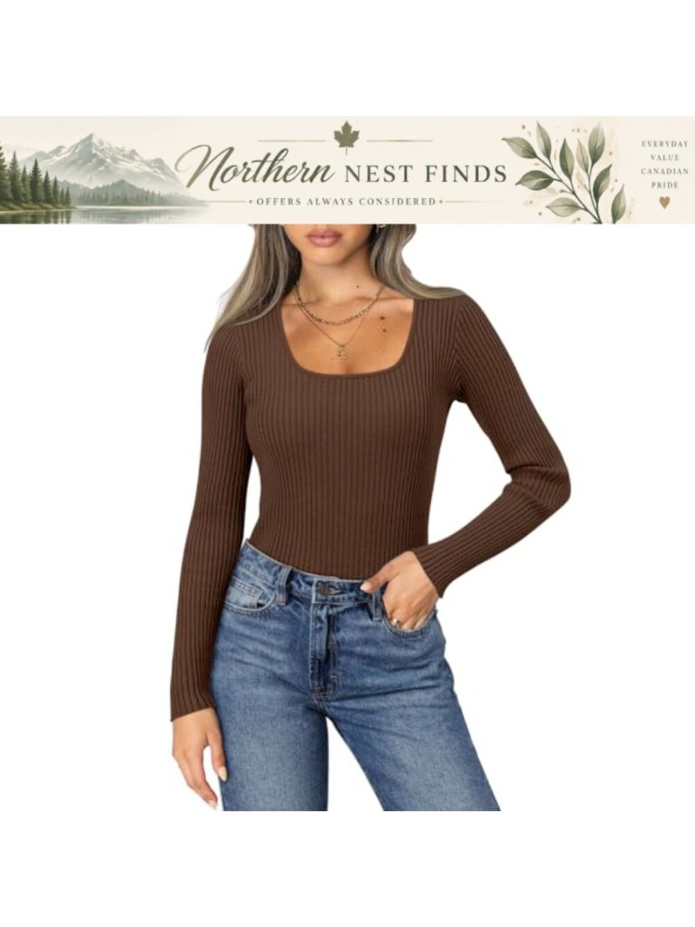 Square Neck Ribbed Knit Long Sleeve Tunic Tee Slim Fit Casual Top